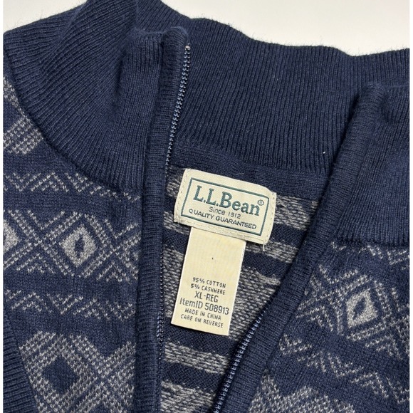 LL Bean Quarter Zip Sweater Fair Isle Mens XL Navy Cotton Cashmere Knit pullover - Picture 6 of 6